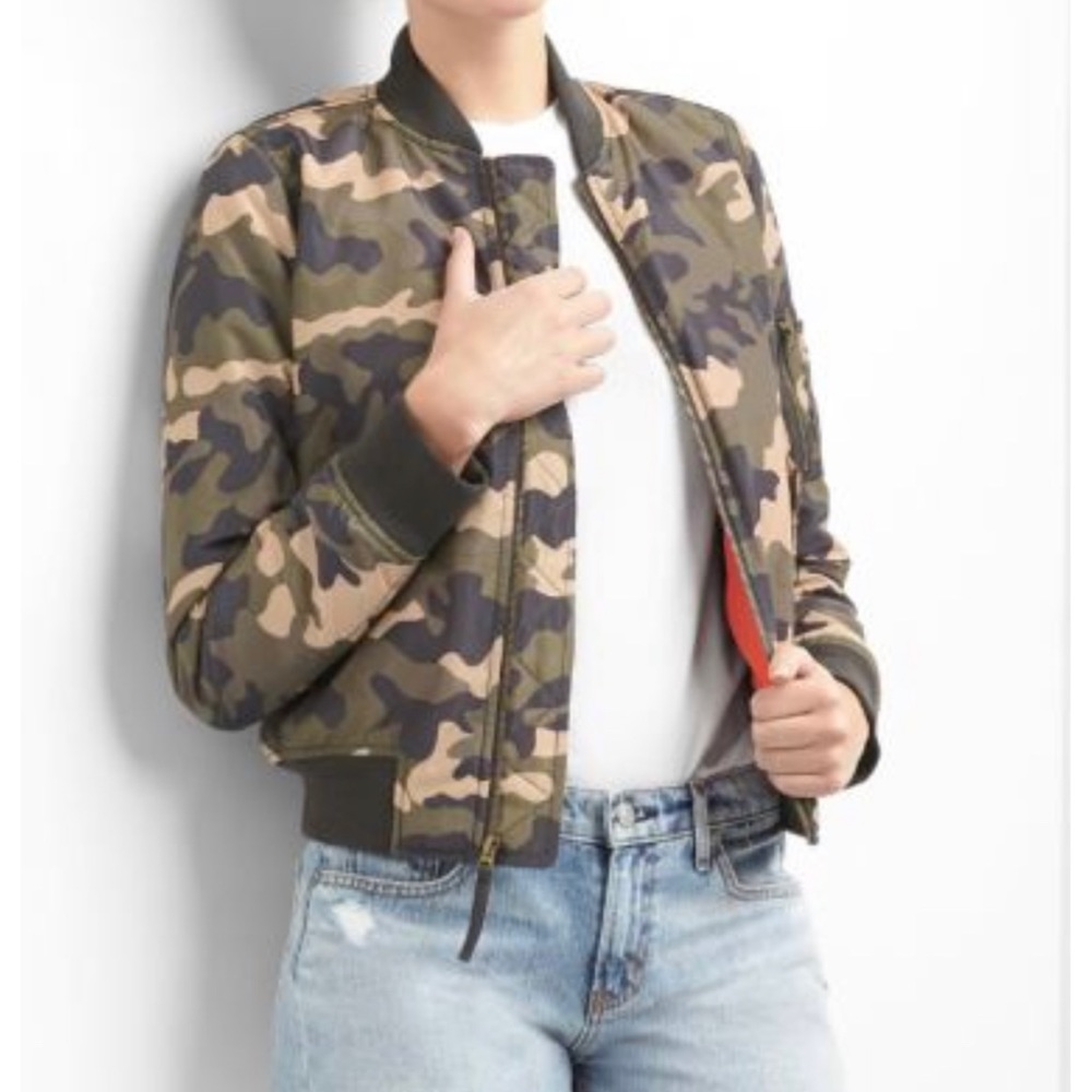 GAP Women's Camo Bomber Jacket in Olive, Tan & Black